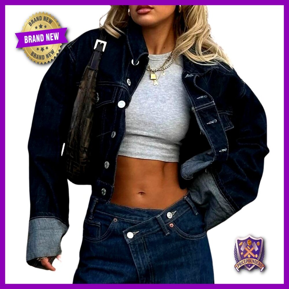 Cropped Denim Jacket Classic Retro Button Up Long Sleeve Turn-Up Cuff Chic